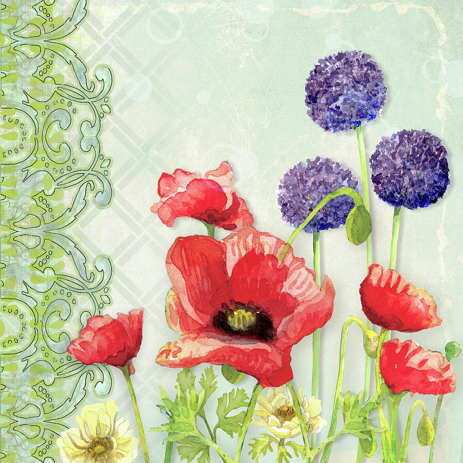 Pattern Painting - Red Poppy Purple Allium III - Retro Modern Patterns by Audrey Jeanne Roberts