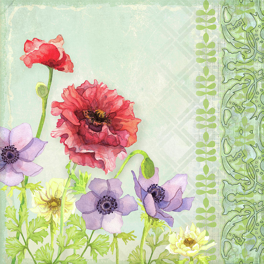 Red Poppy Purple Anenomes Wind Flowers IV - Retro Modern Patterns Painting by Audrey Jeanne Roberts