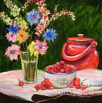 Red Pot and Cherries Painting by Pati Pelz