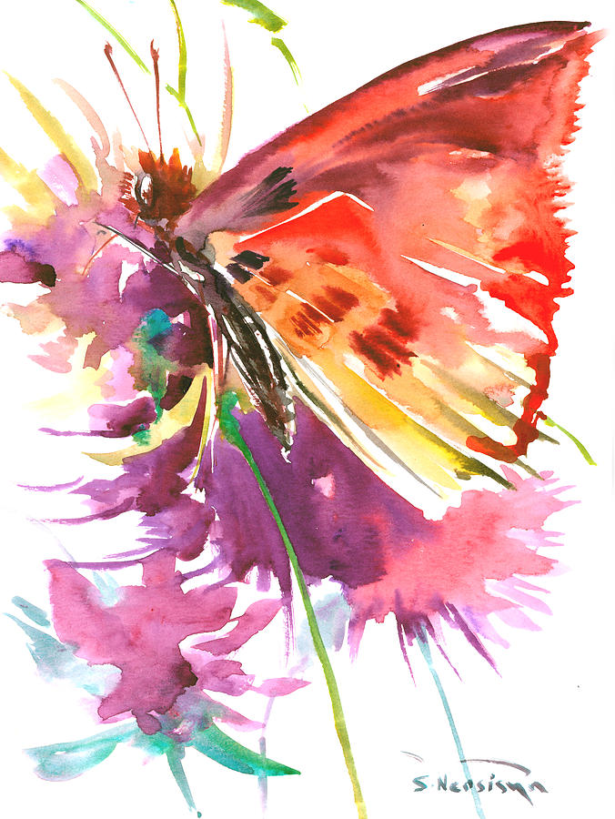 Red Purple Floral Butterfly Painting by Suren Nersisyan