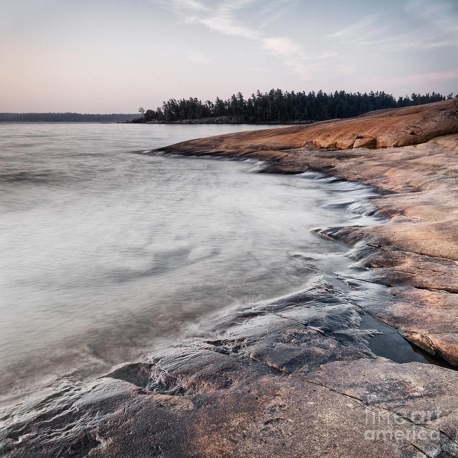Red rocks on shore of Georgian Bay at dawn Photograph by Maxim Images Exquisite Prints