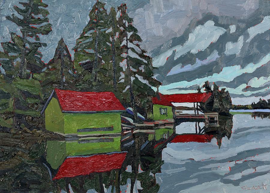 Red Roofs Canoe Lake Painting by Phil Chadwick