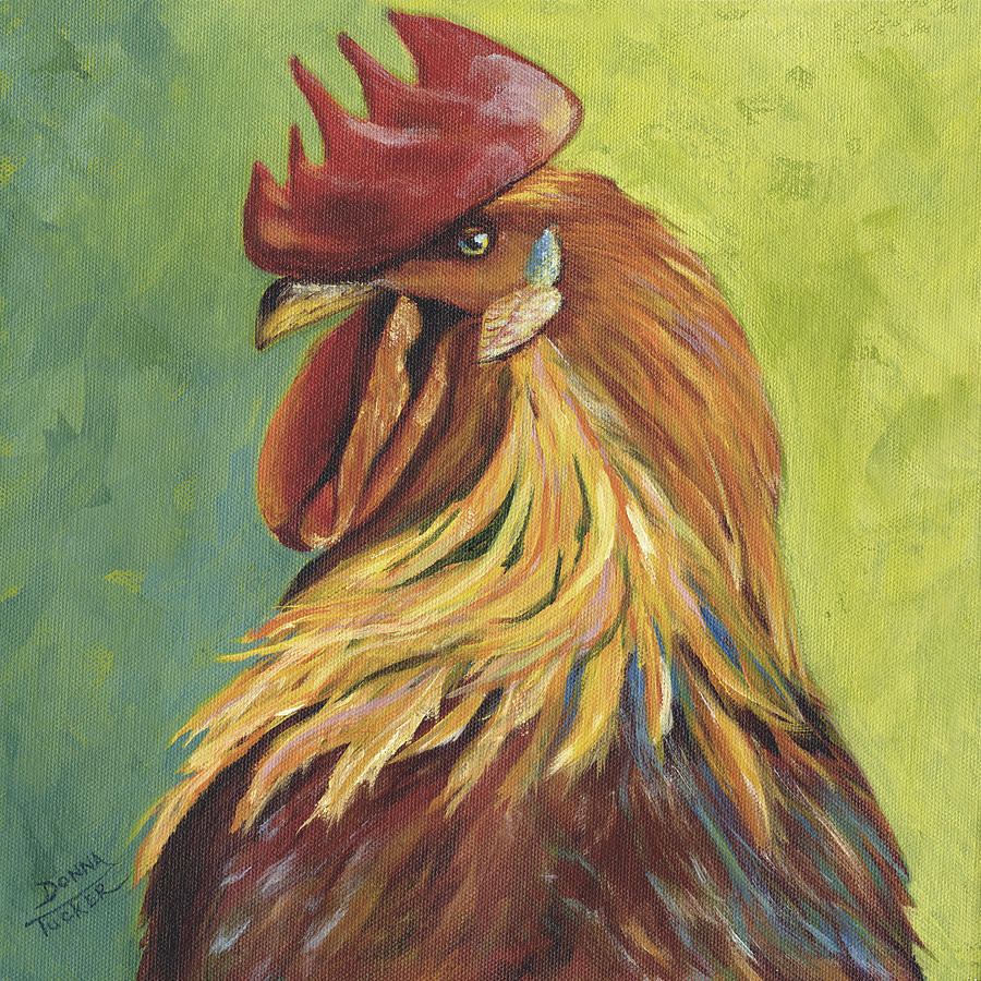 Red Rooster Portrait Painting by Donna Tucker