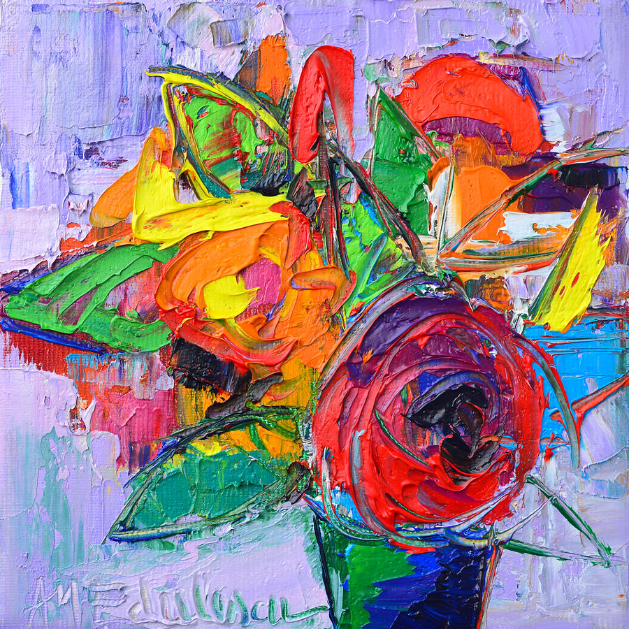 Red Rose And Wildflowers Abstract Modern Impressionist Palette Knife Oil Painting Ana Maria Edulescu Painting by Ana Maria Edulescu