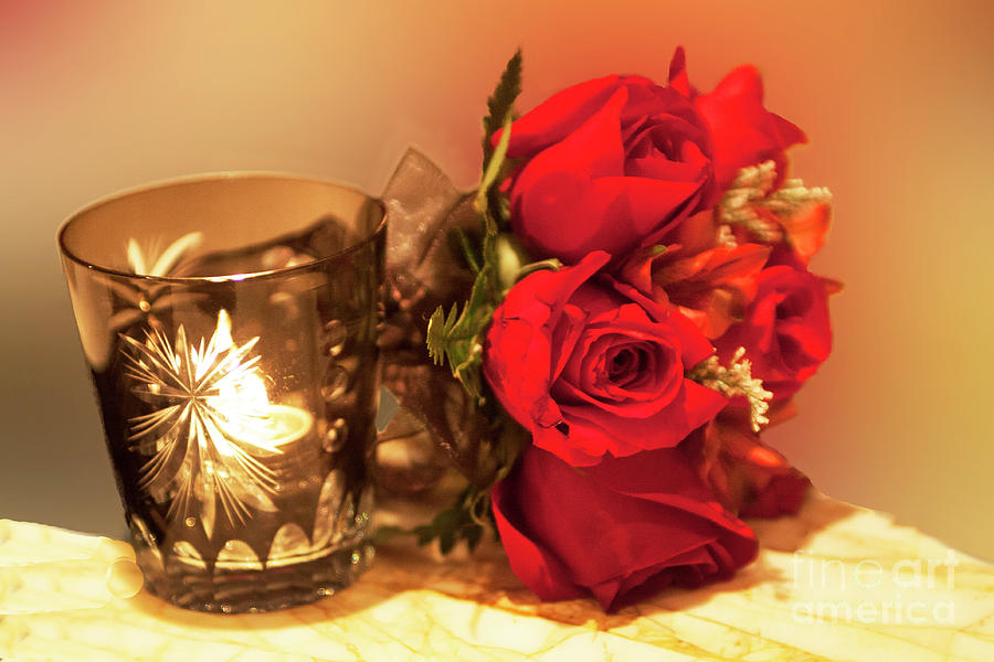 Red Rose Bouquet and Candle Photograph by Linda Phelps