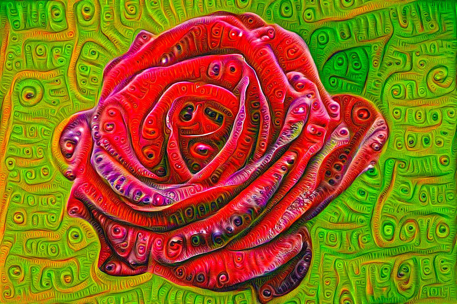 Abstract Digital Art - Red rose deep dream surreal picture by Matthias Hauser