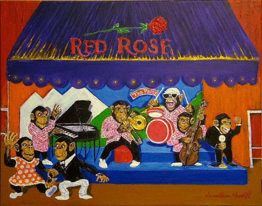 Red Rose Tea Chimpanzees Painting by Jonathan Morrill