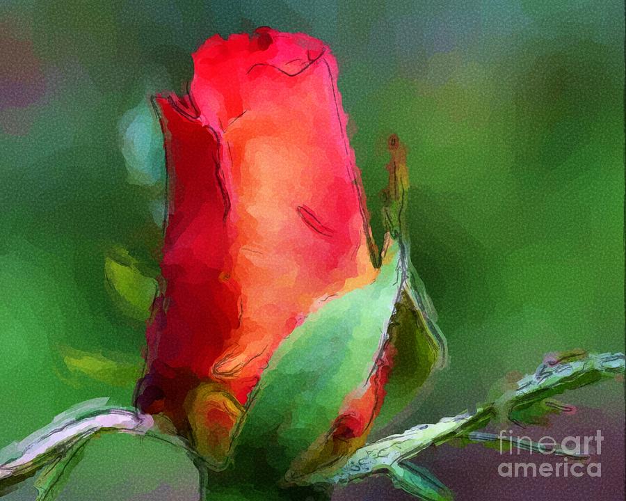 Red Rosebud Watercolor Painting by Smilin Eyes Treasures