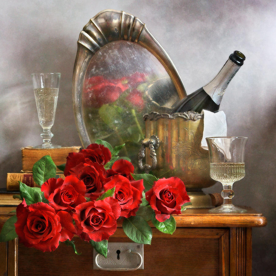 Roses And Champagne Ch 1 Red Roses and Champagne Photograph by Nikolay Panov