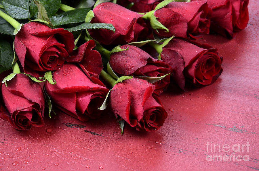 Red roses close up on distressed vintage recycled wood table Photograph by Milleflore Images