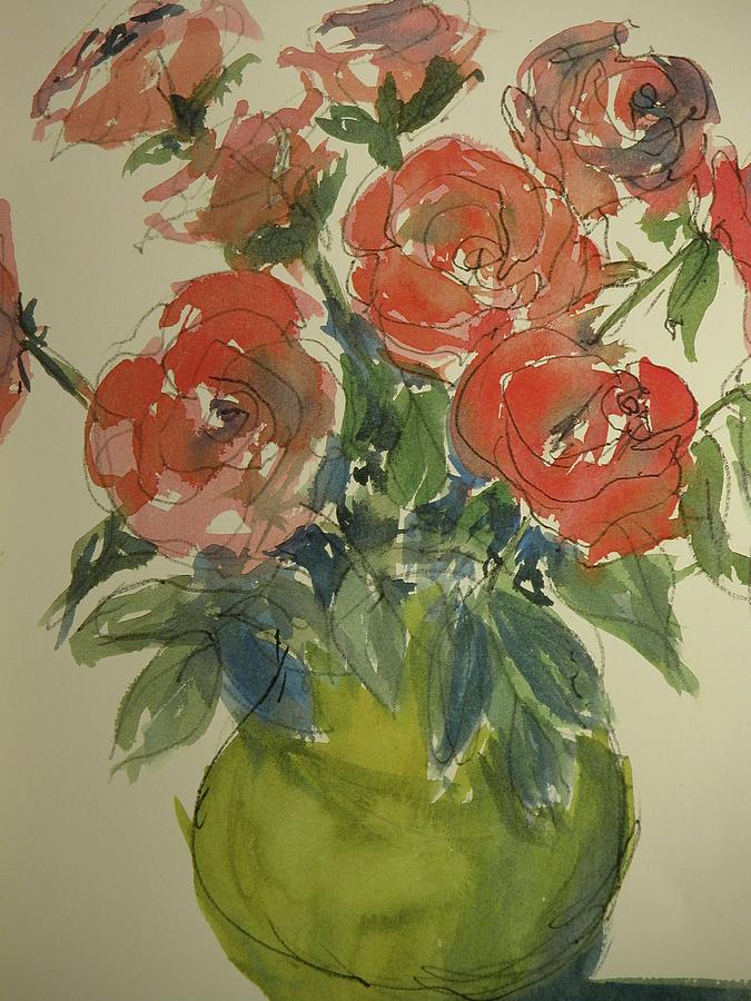 Red roses in a green vase Painting by Walt Maes