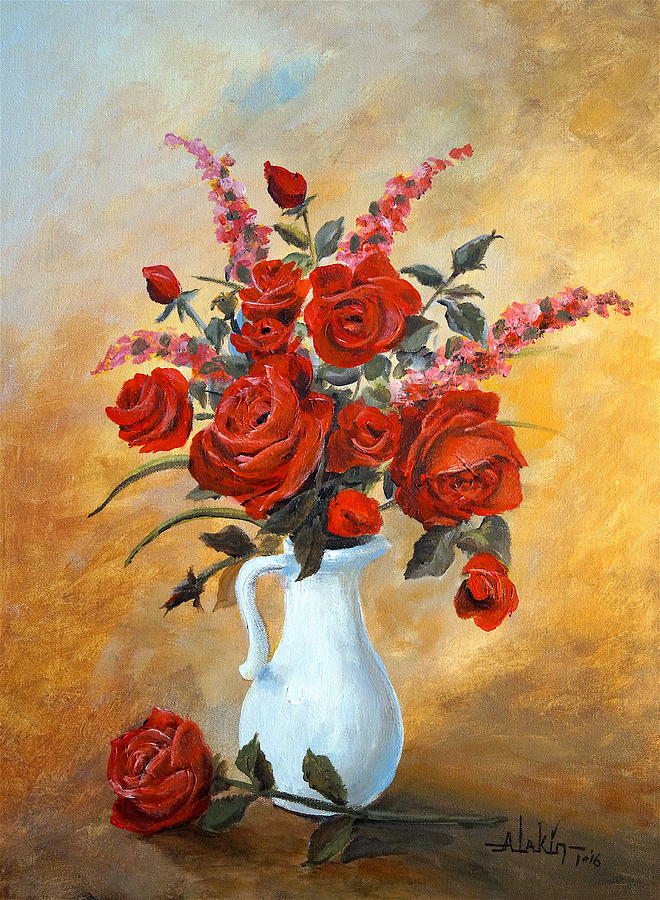 Red Roses in a White Pitcher Painting by Alan Lakin