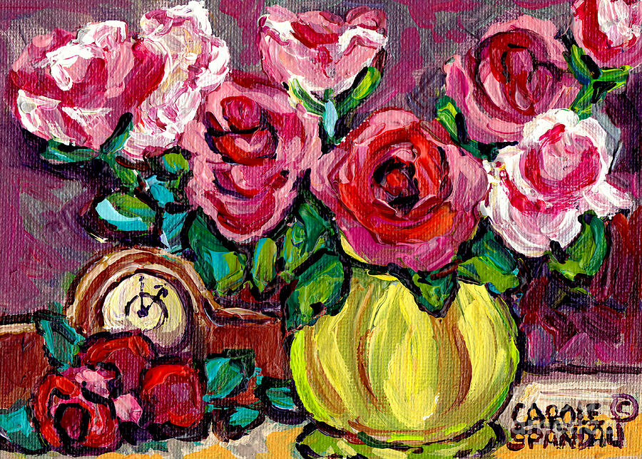 Red Roses In Green Vase With Clock Still Life Colorful Original Painting By Carole Spandau Painting by Carole Spandau