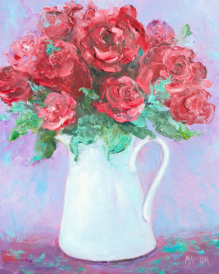Red Roses in white jug Painting by Jan Matson