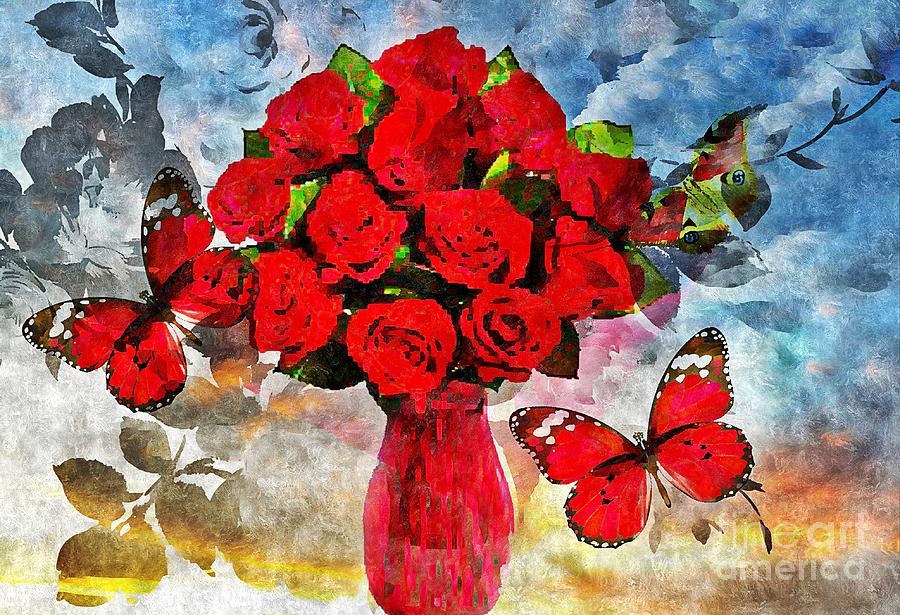 Red Roses on Blue Digital Art by Maria Urso