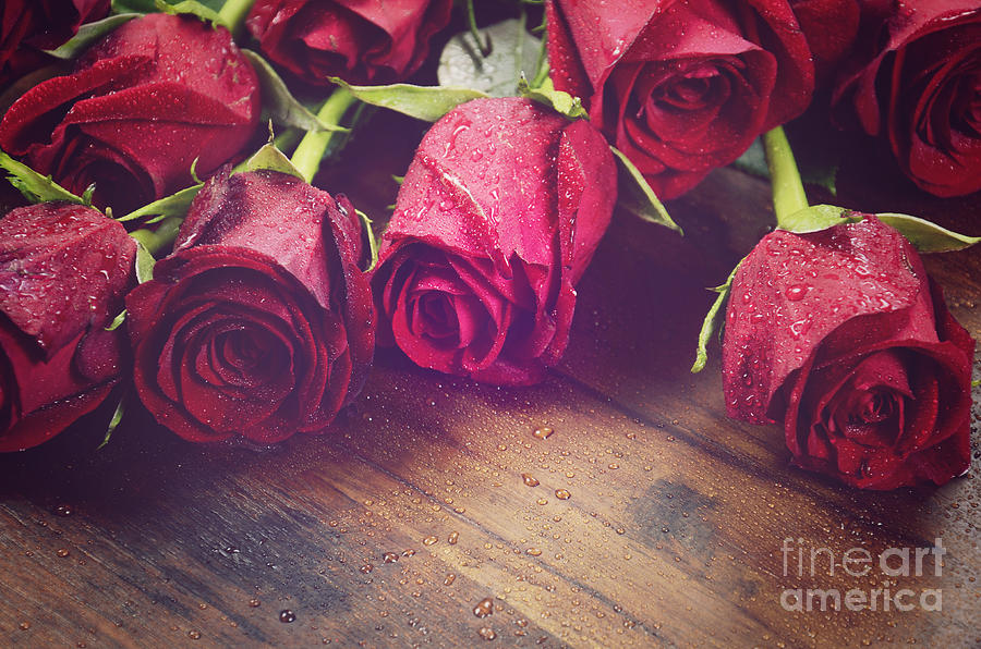 Red roses on dark recycled wood background Photograph by Milleflore Images