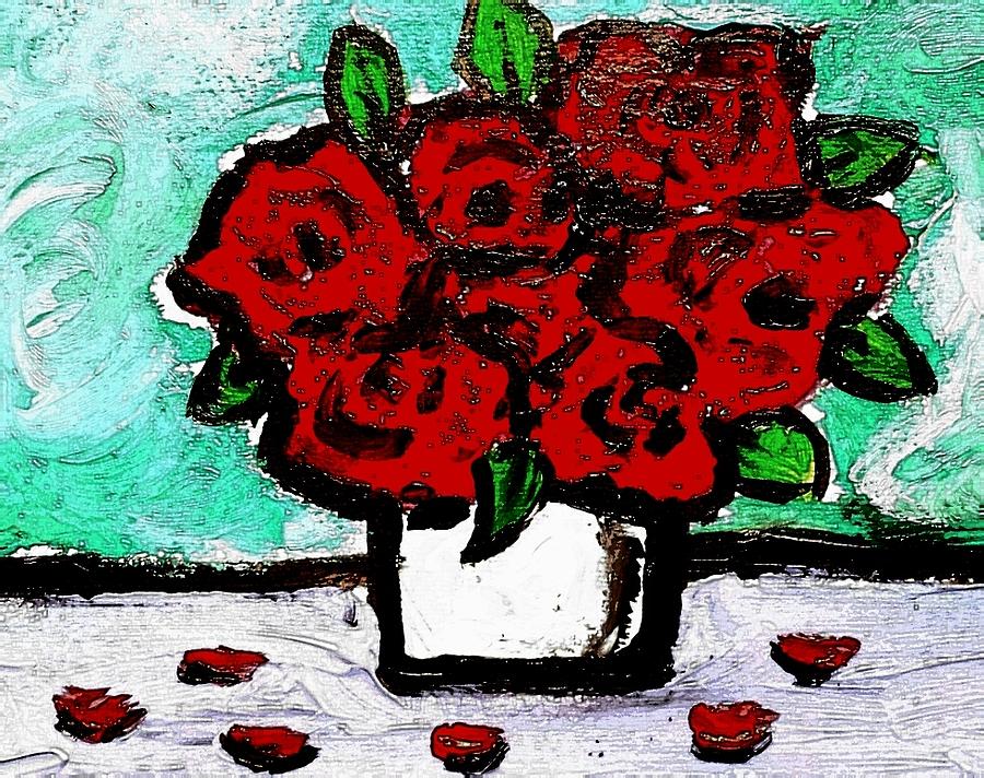 Red roses on table Painting by Hae Kim