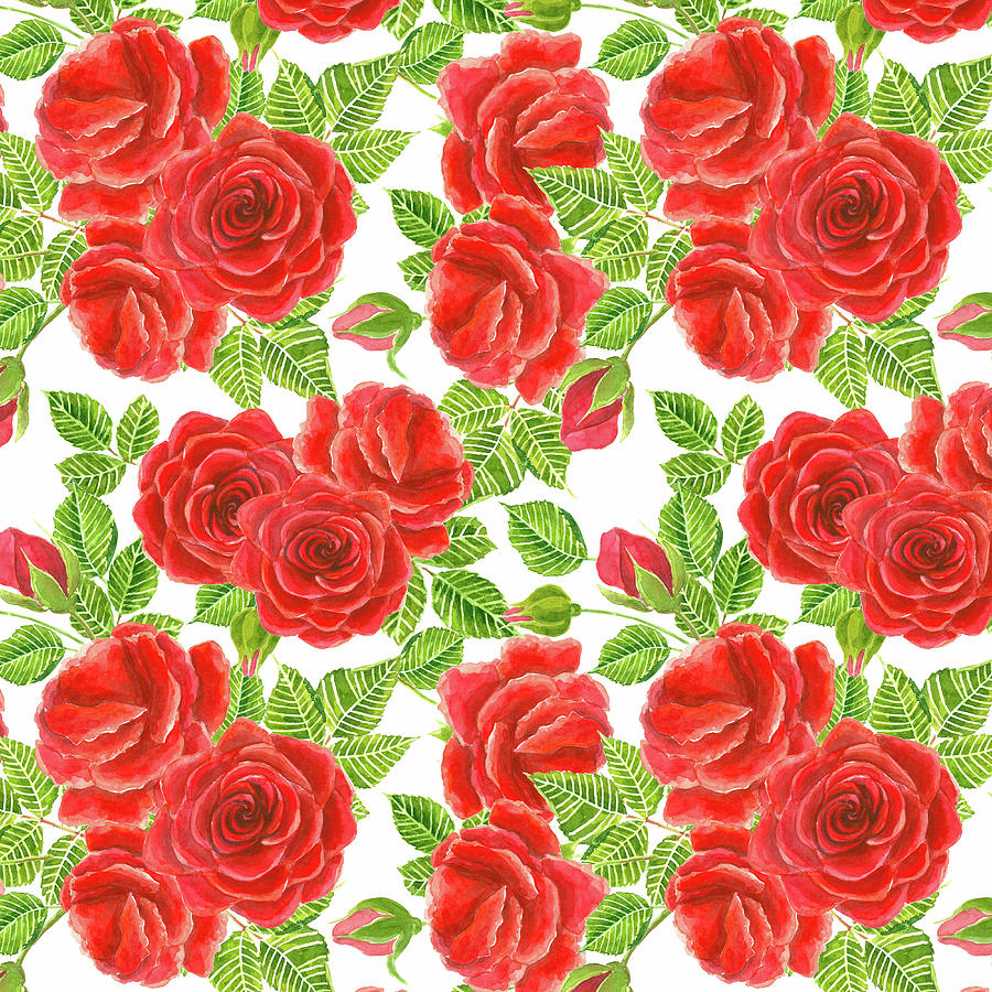 Nature Mixed Media - Red roses watercolor seamless pattern by Katerina Kirilova
