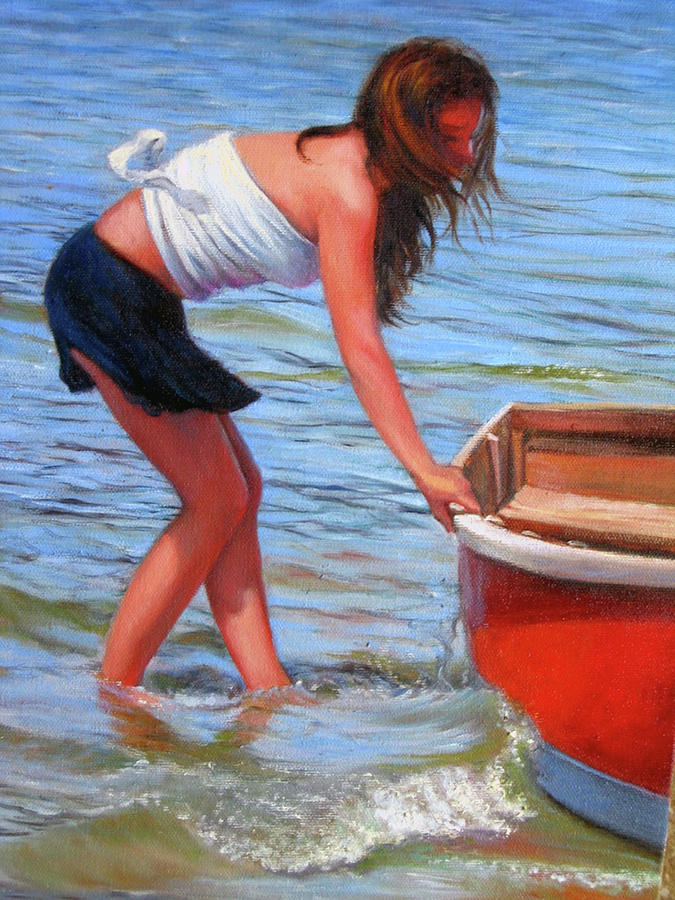 Red Rowboat Painting by Marie Witte