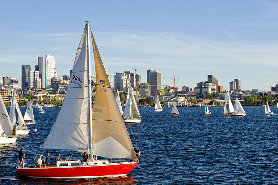 Seattle Photograph - Red Sail Boat by Tom Dowd