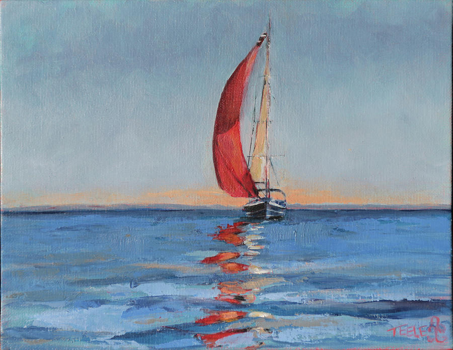 Red Sail Early Sunset Painting by Trina Teele