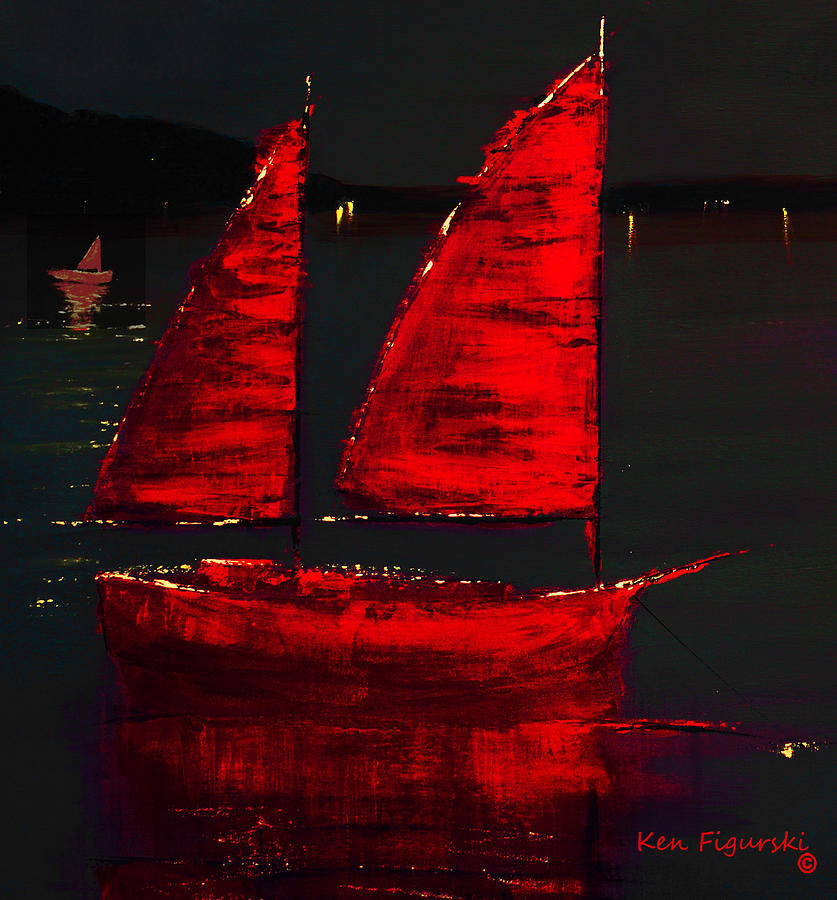 Red Sail Night Crop Painting by Ken Figurski