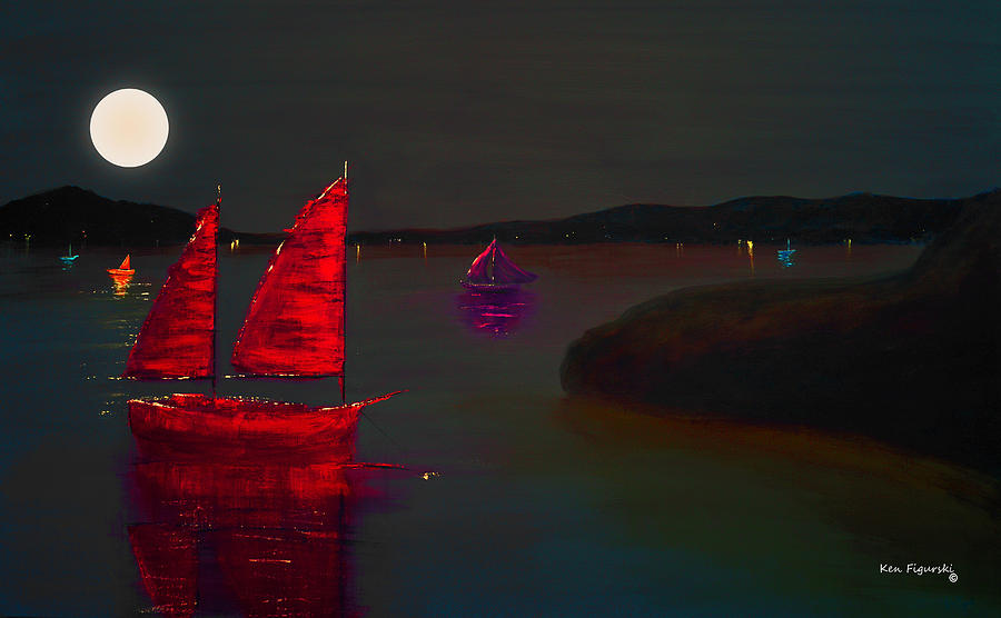 Red Sail Night Painting by Ken Figurski