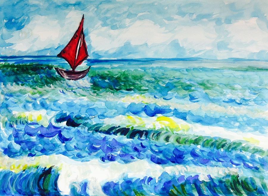 Red sailboat  Painting by Hae Kim