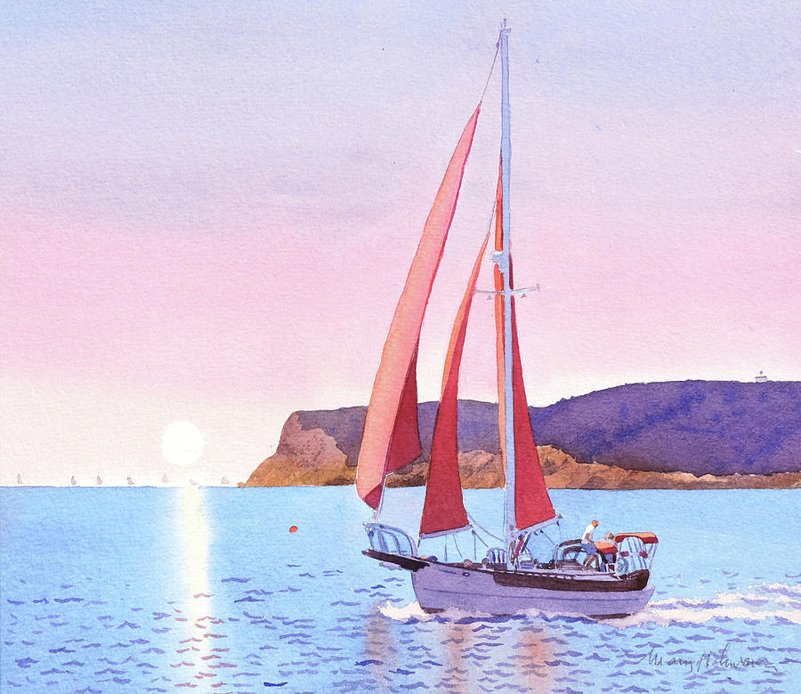 San Diego Painting - Red Sails in the Sunset Pt Loma by Mary Helmreich