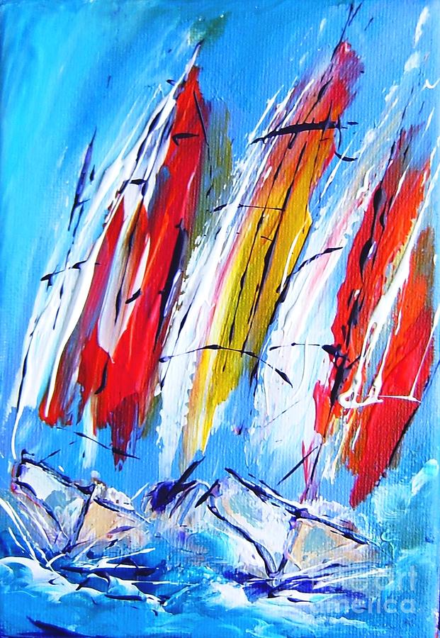 Art prints of red sails on blue  Painting by Mary Cahalan Lee - aka PIXI