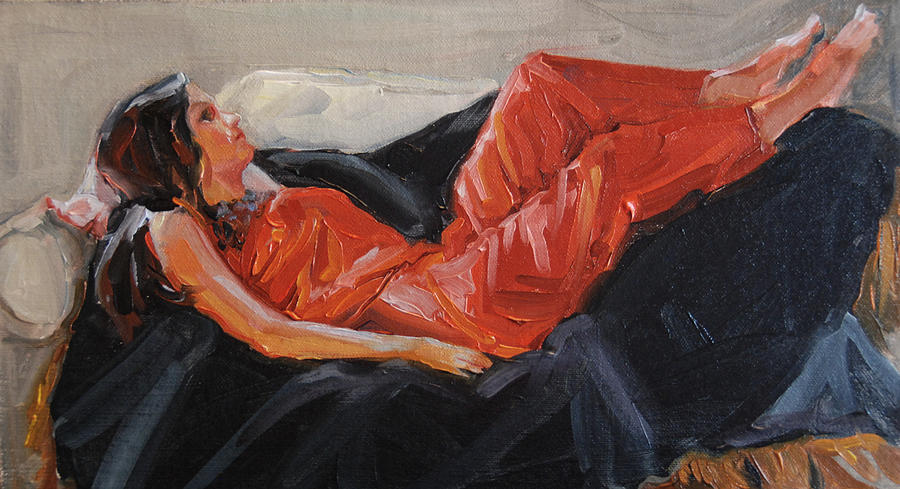 Pretty Lady Painting - Red Satin Jammies by Roseann Munger