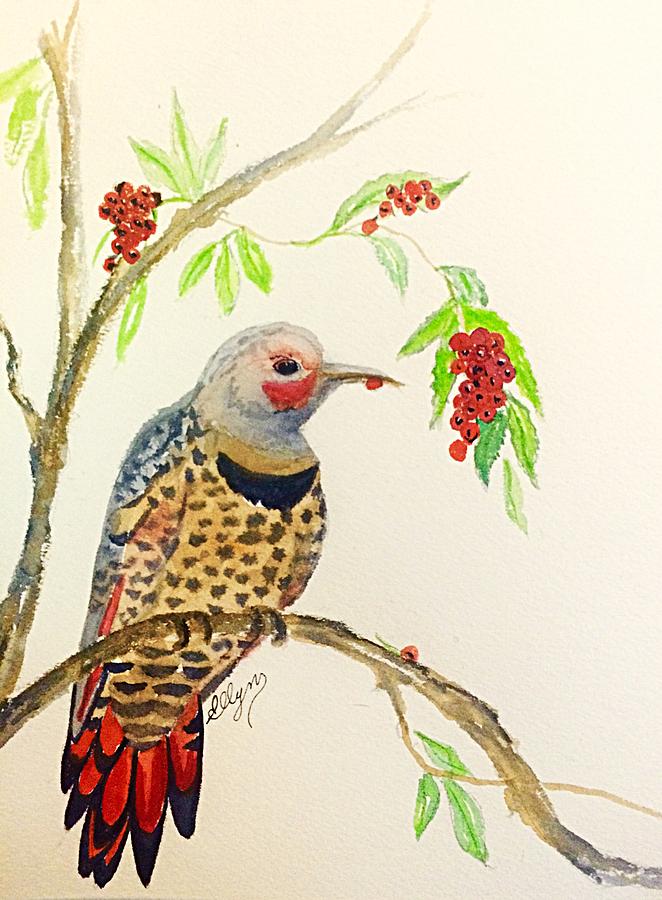 Red Shafted Flicker with Berries  Painting by Ellen Levinson