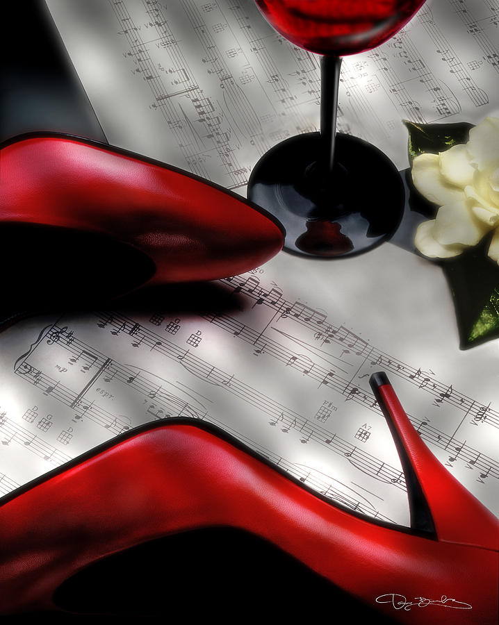 Red Shoes And Wine Glass With Orchid And Sheet Music  Photograph by Dan Barba