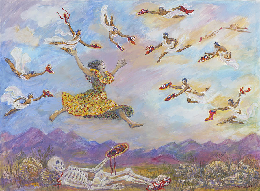 Red Shoes with Messengers Painting by Shoshanah Dubiner