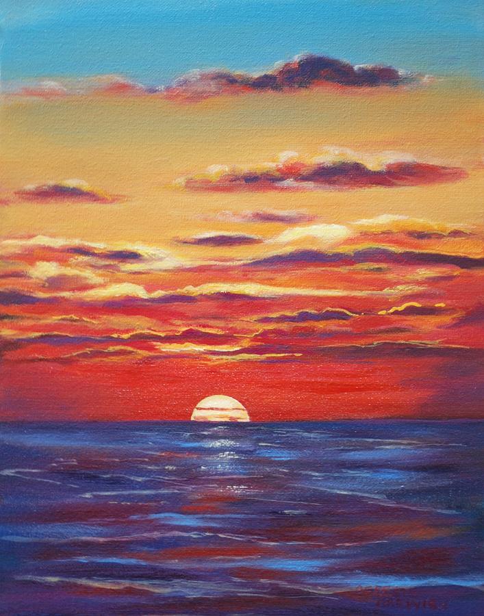 Red Sky Ocean Sunset Painting by Celeste Drewien