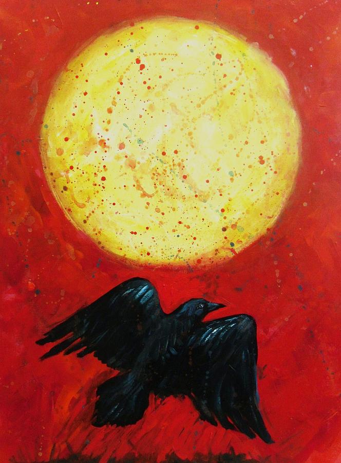 Red Sky at Night Raven and Full Moon Painting by Carol Suzanne Niebuhr