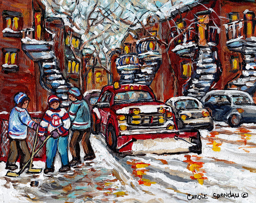 Red Snow Plow Montreal Streetscene C Spandau Artist Winter In The City Hockey Art Paintings For Sale Painting by Carole Spandau