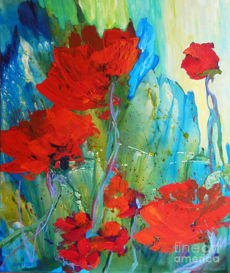 Red Splendor With Green House Painting by Sharon Nelson-Bianco