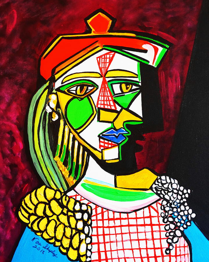 Red Squares Picasso Style Painting by Nora Shepley