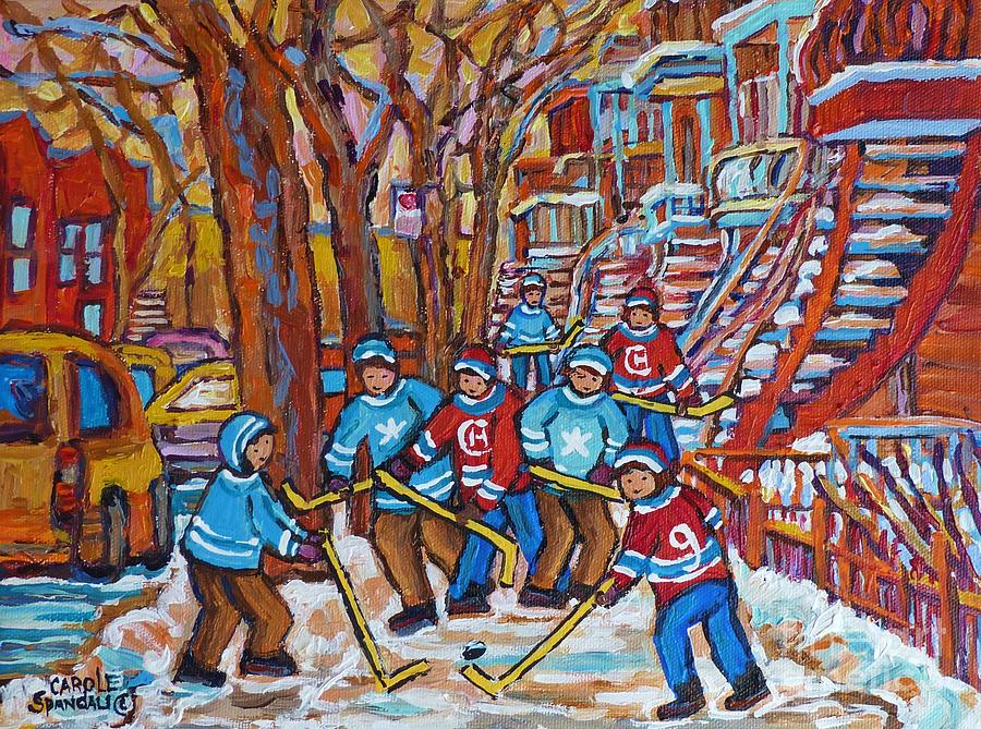Red Staircase And Street Hockey Paintings Winter Scene Verdun And Plateau Mont Royal C Spandau Art Painting by Carole Spandau