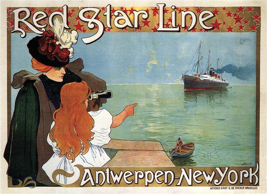 Red Star Line Steamliner Ship - Antwerp To New York - Vintage Travel Advertising Poster Mixed Media