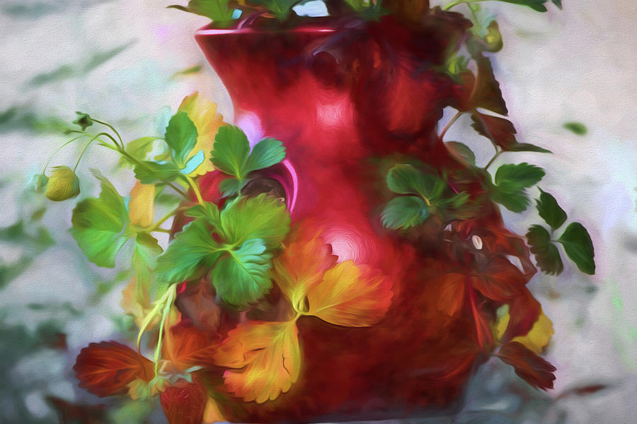 Red Strawberry Pot Painting by Bonnie Bruno
