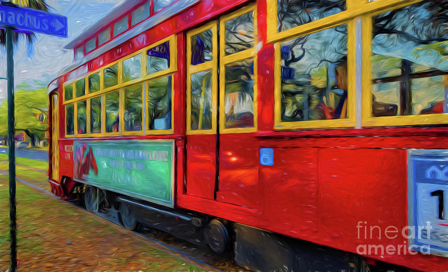 Red Streetcar Speeds By NOLA- Art Photograph by Kathleen K Parker