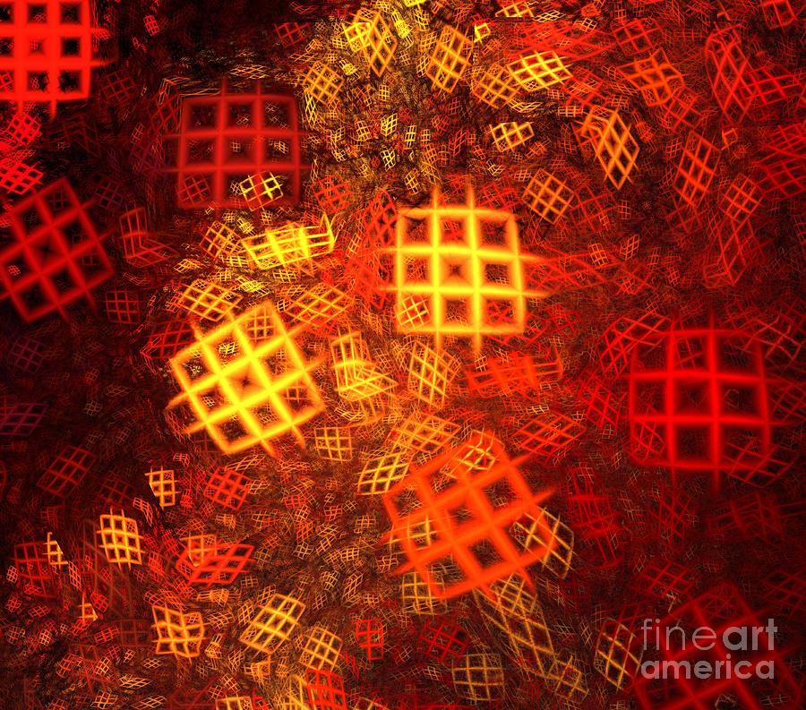 Abstract Digital Art - Red Sun Cubes by Kim Sy Ok