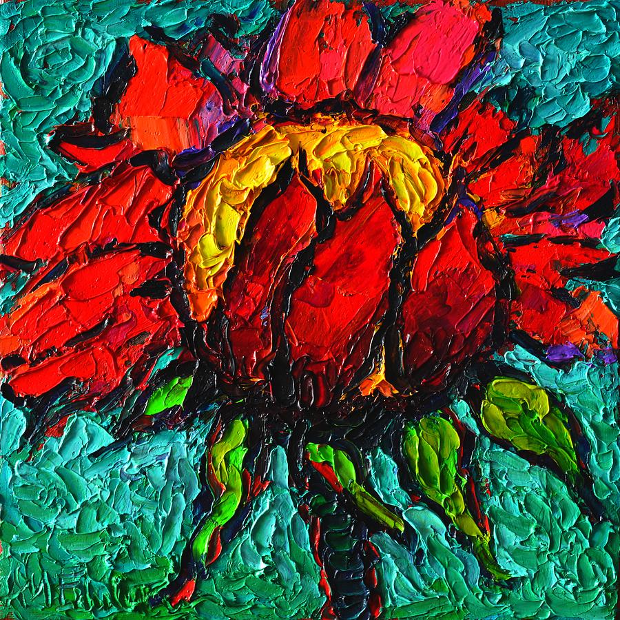 Red Sunflower Modern Impressionist Colorful Floral Palette Knife Oil Painting By Ana Maria Edulescu  Painting by Ana Maria Edulescu