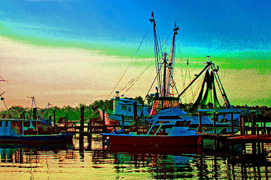 Red Sunrise and the Shrimp boat Painting by Michael Thomas