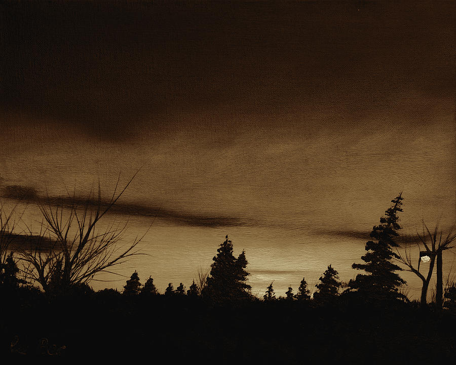 Red Sunrise in Parksville - Sepia Painting by Claude Beaulac