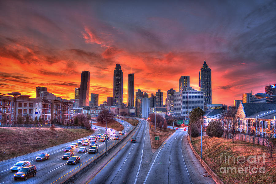 Car Photograph - Red Sunset Atlanta Downtown Cityscape by Reid Callaway