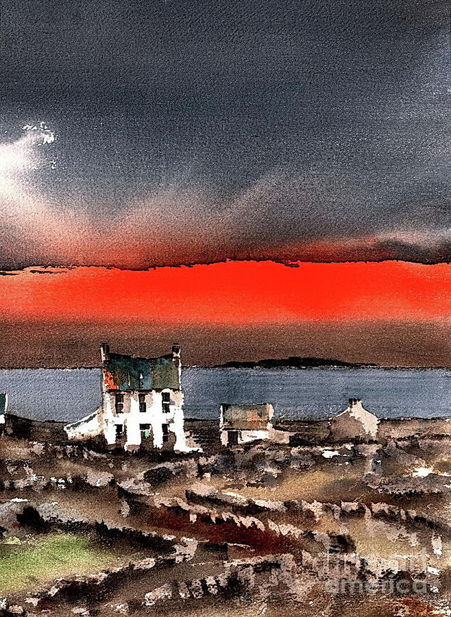 Red Sunset on Bungowla, Aran, Galway Painting by Val Byrne