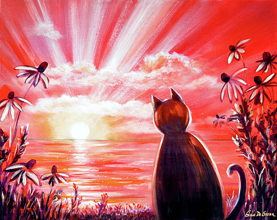 Red Sunset with a Cat Painting by Gina De Gorna